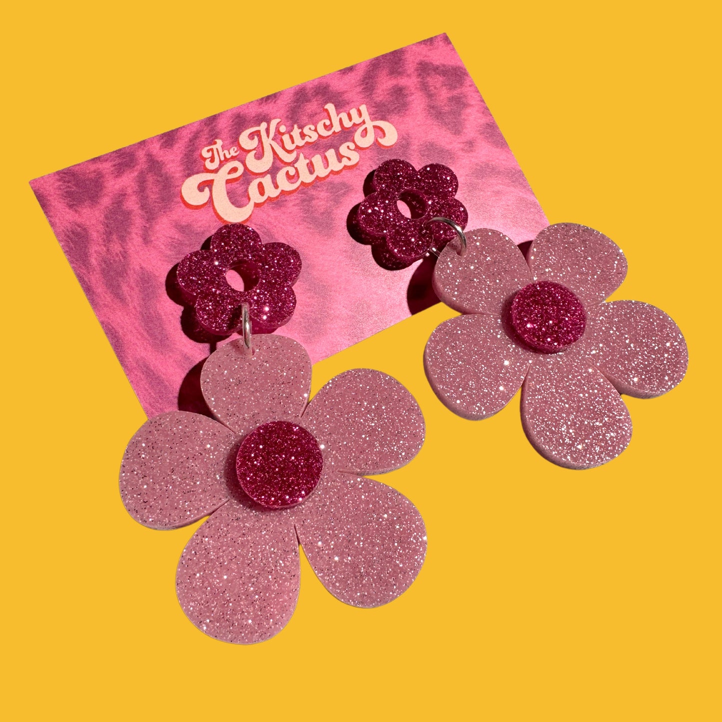 Soft Pink Glitter Flower Earrings - The Kitschy Cactus