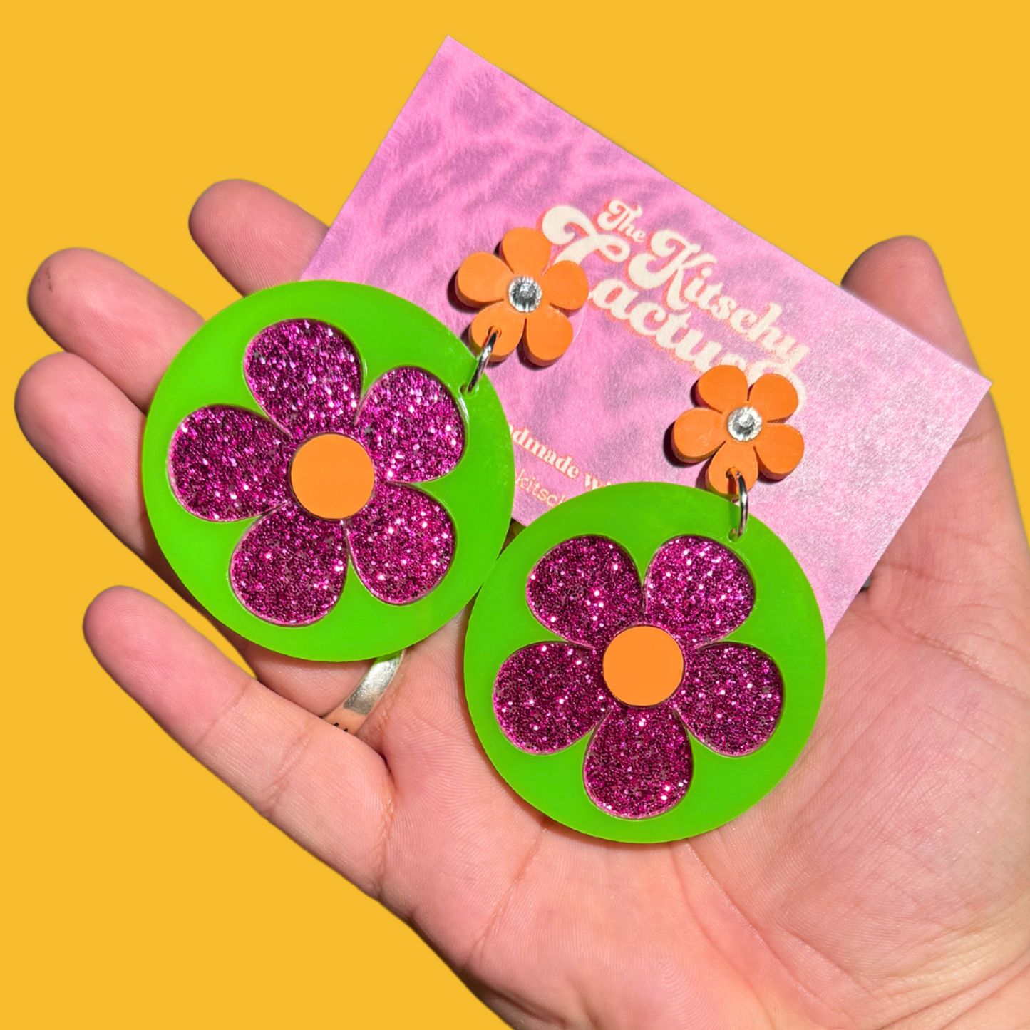 Green & Pink Statement Flower Earrings - The Kitschy Cactus