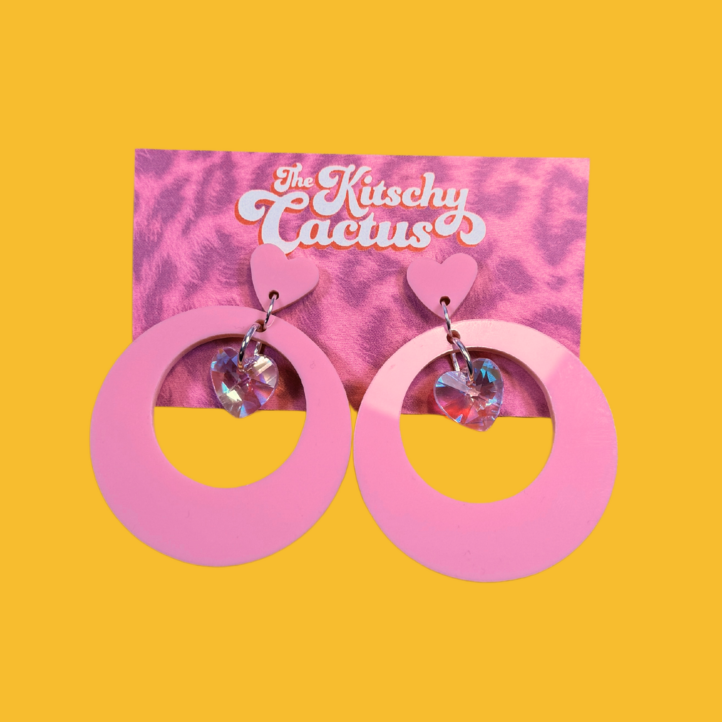 Pink Statement Circle Earrings (with glass heart bead) - The Kitschy Cactus