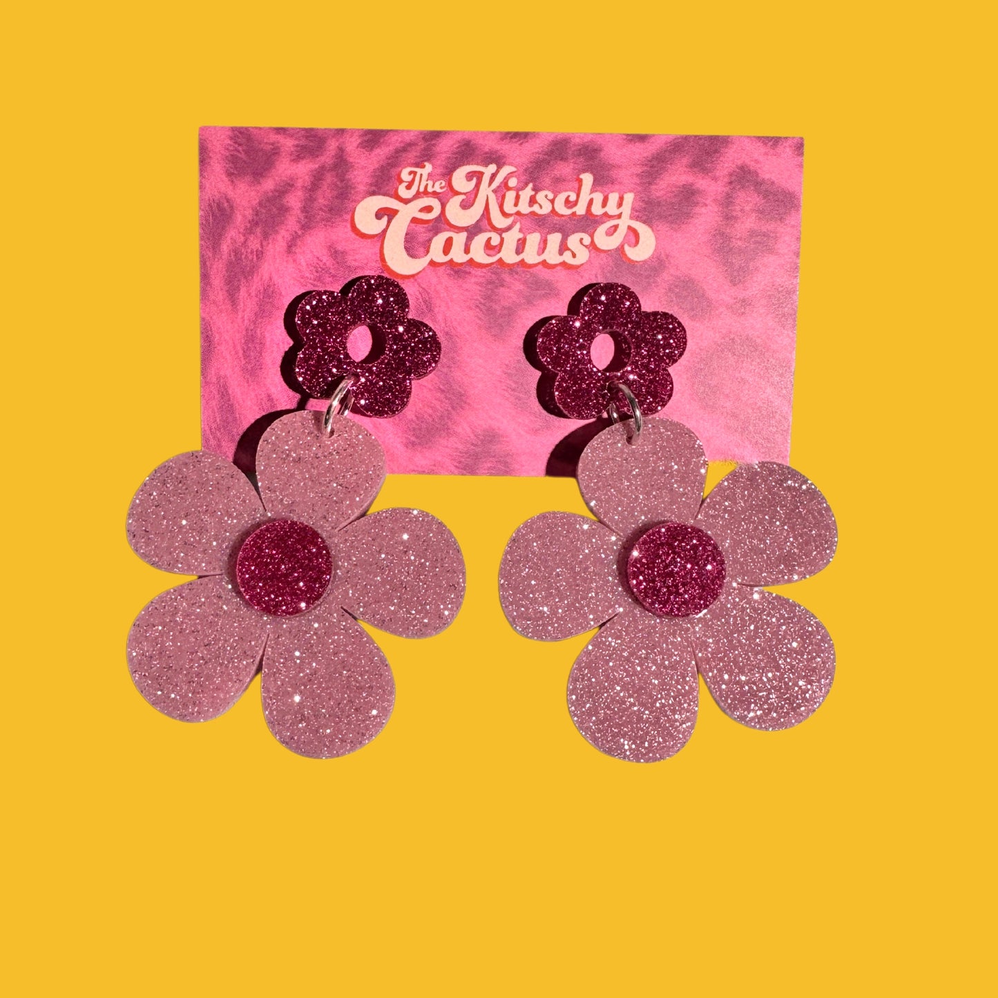 Soft Pink Glitter Flower Earrings - The Kitschy Cactus