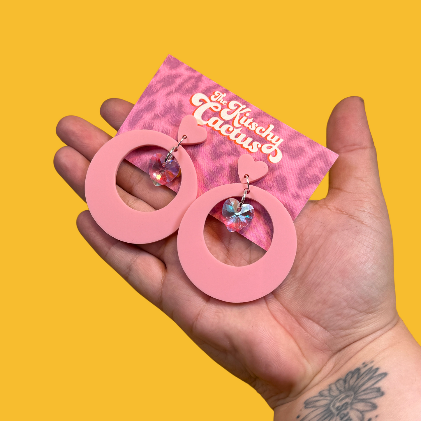 Pink Statement Circle Earrings (with glass heart bead) - The Kitschy Cactus