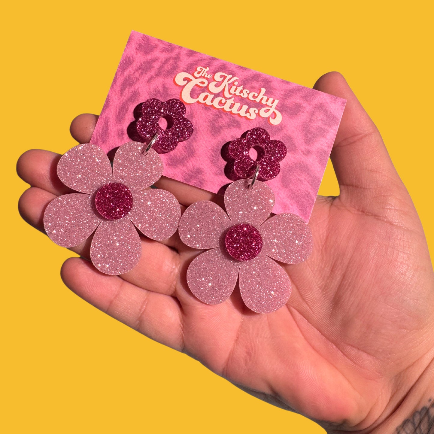 Soft Pink Glitter Flower Earrings - The Kitschy Cactus