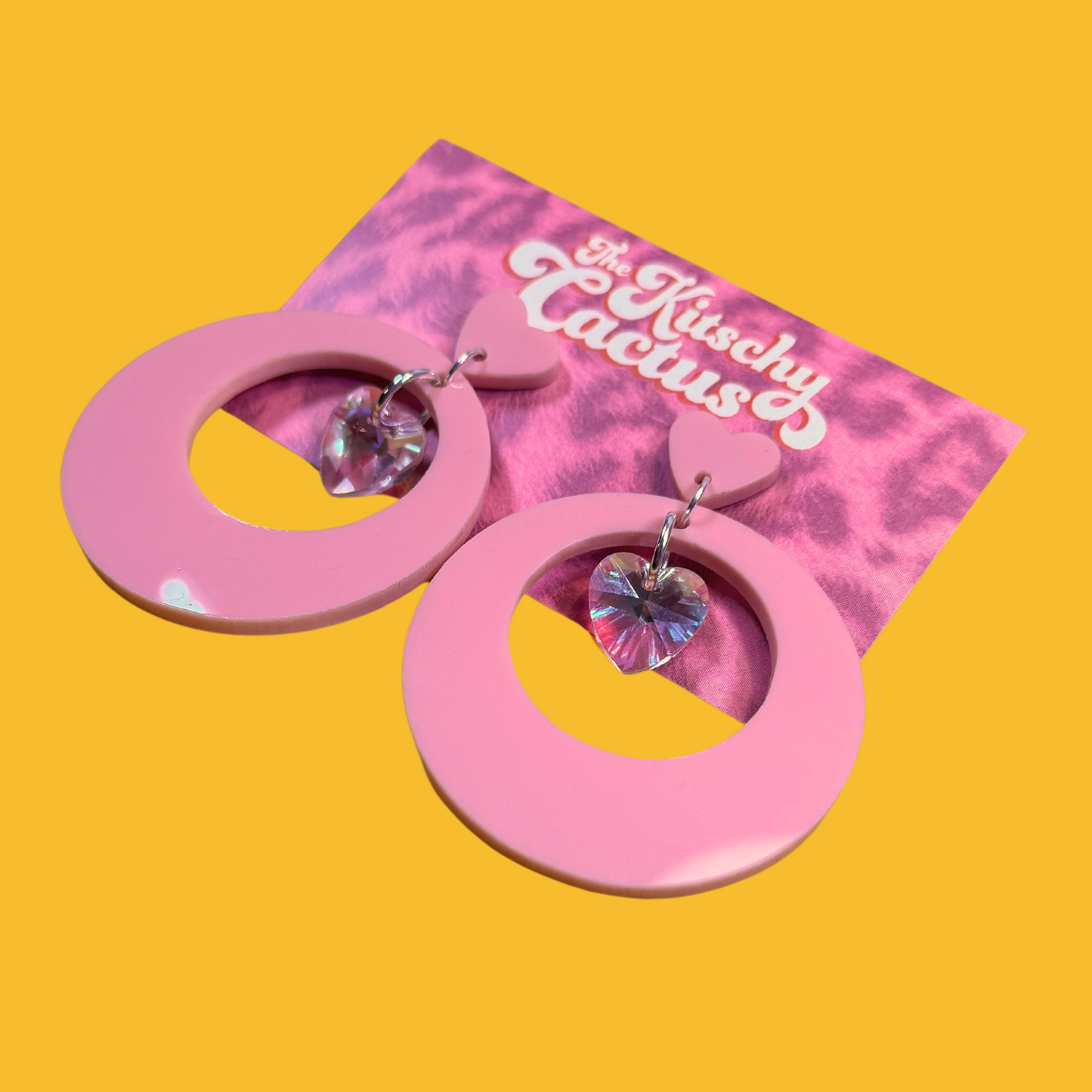 Pink Statement Circle Earrings (with glass heart bead) - The Kitschy Cactus