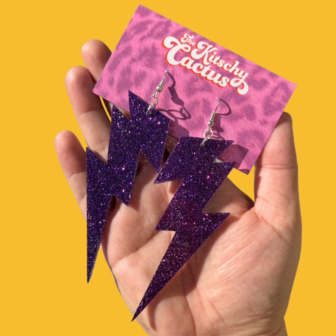 Glittery Purple Lightning Bolt Earrings - The Kitschy Cactus