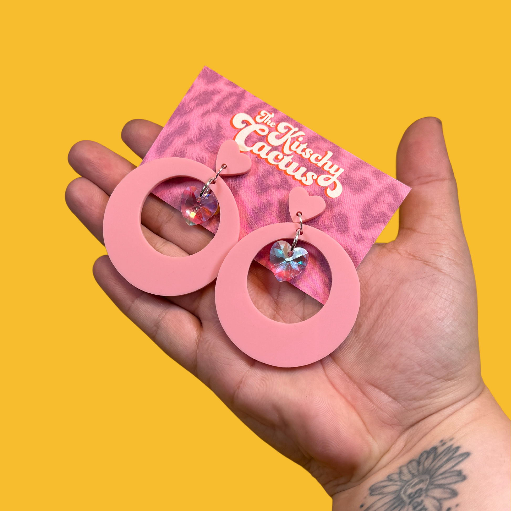 Pink Statement Circle Earrings (with glass heart bead) - The Kitschy Cactus
